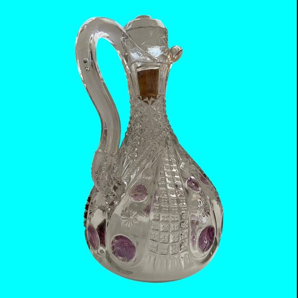 Vtg EAPG Glass Vinegar-Oil Cruet, Stopper Cranberry Flash Pitcher Dimple & Star - Picture 8 of 16